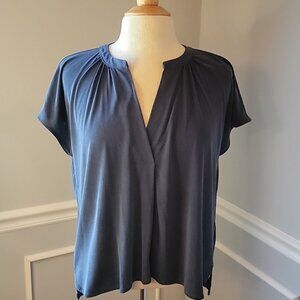 LUCKY BRAND Blue Ruched V-Neck Hi Low Rounded Hem Short Sleeve Casual Top XS